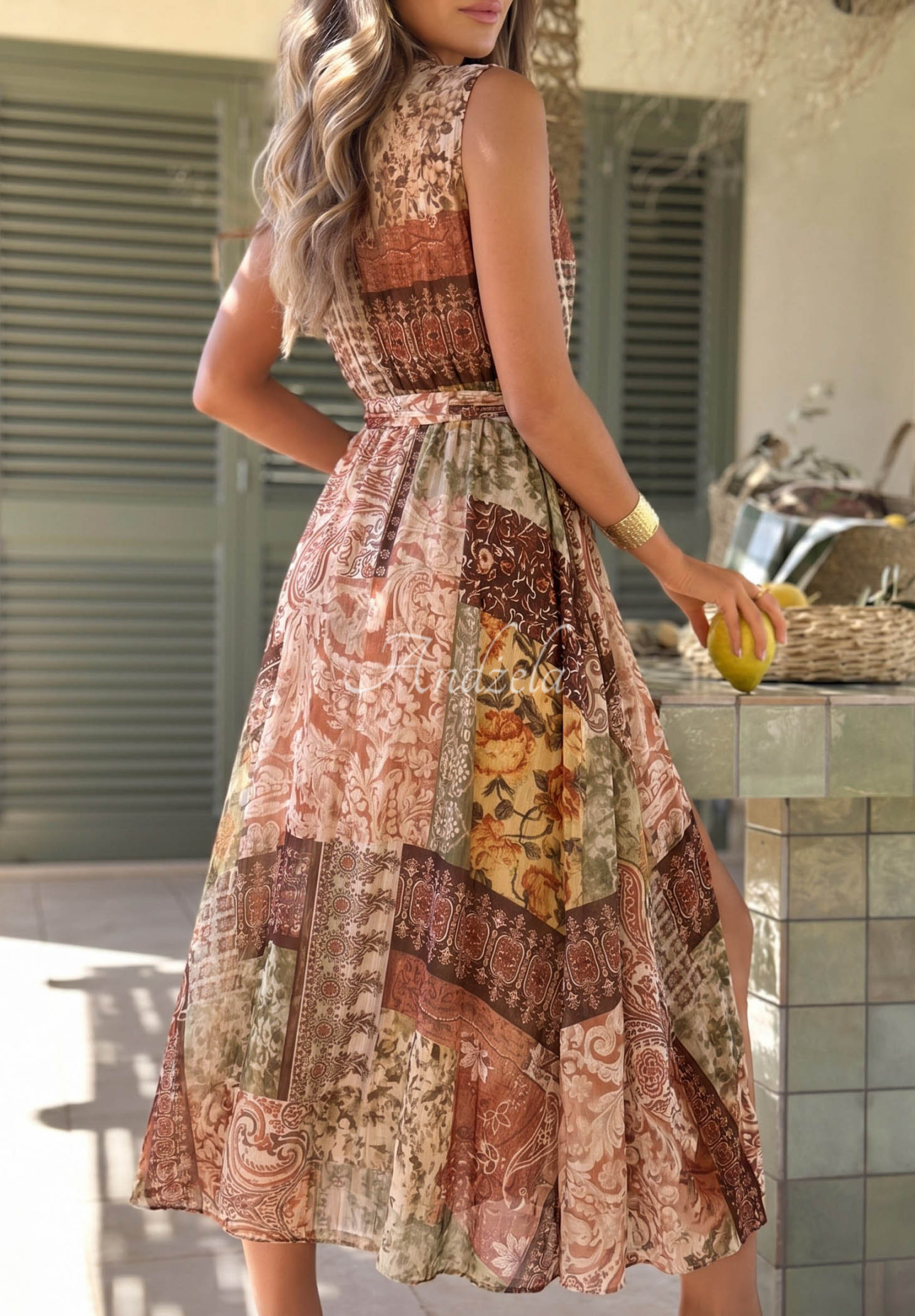 Rochie midi cu imprimeu din tencel cu curea Dolce Sunset