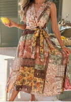 Wzorzysta Rochie midi na ramiączkach z paskiem Dolce Sunset ciocolatie