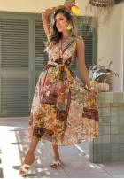 Wzorzysta Rochie midi na ramiączkach z paskiem Dolce Sunset ciocolatie