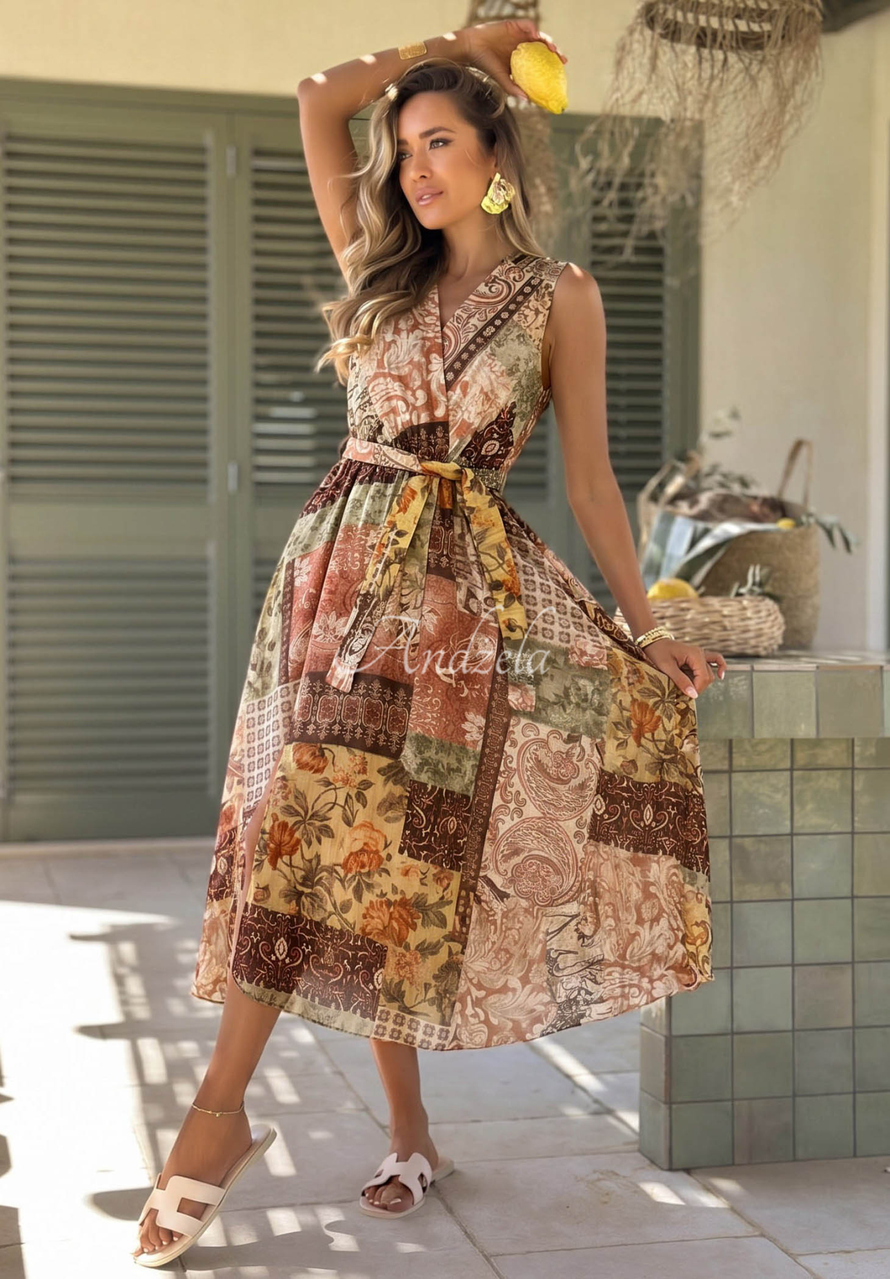Rochie midi cu imprimeu din tencel cu curea Dolce Sunset
