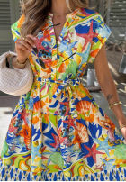 Wzorzysta Rochie midi z paskiem Undersea Life granatowo-portocalie
