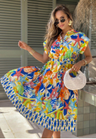 Wzorzysta Rochie midi z paskiem Undersea Life granatowo-portocalie