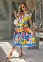 Wzorzysta Rochie midi z paskiem Undersea Life granatowo-portocalie