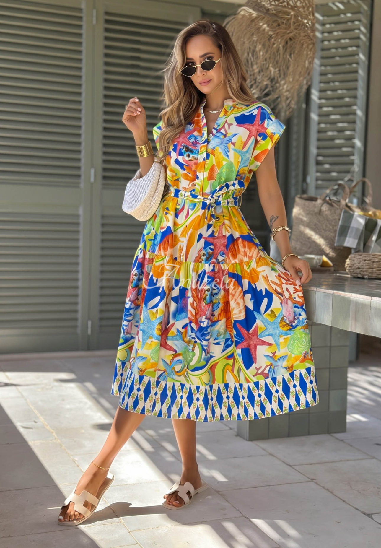 Rochie midi din bumbac cu imprimeu și curea Undersea Life