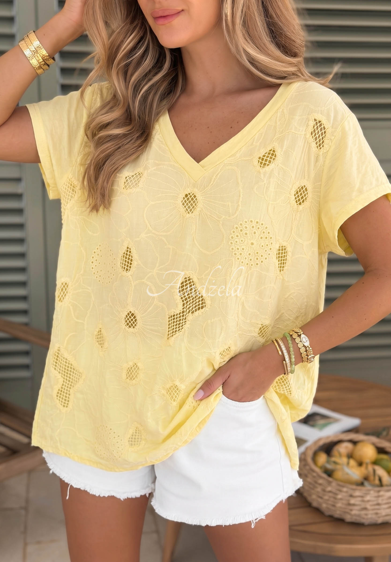 Tricou din bumbac ajurat cu decolteu în V Sol Riviera