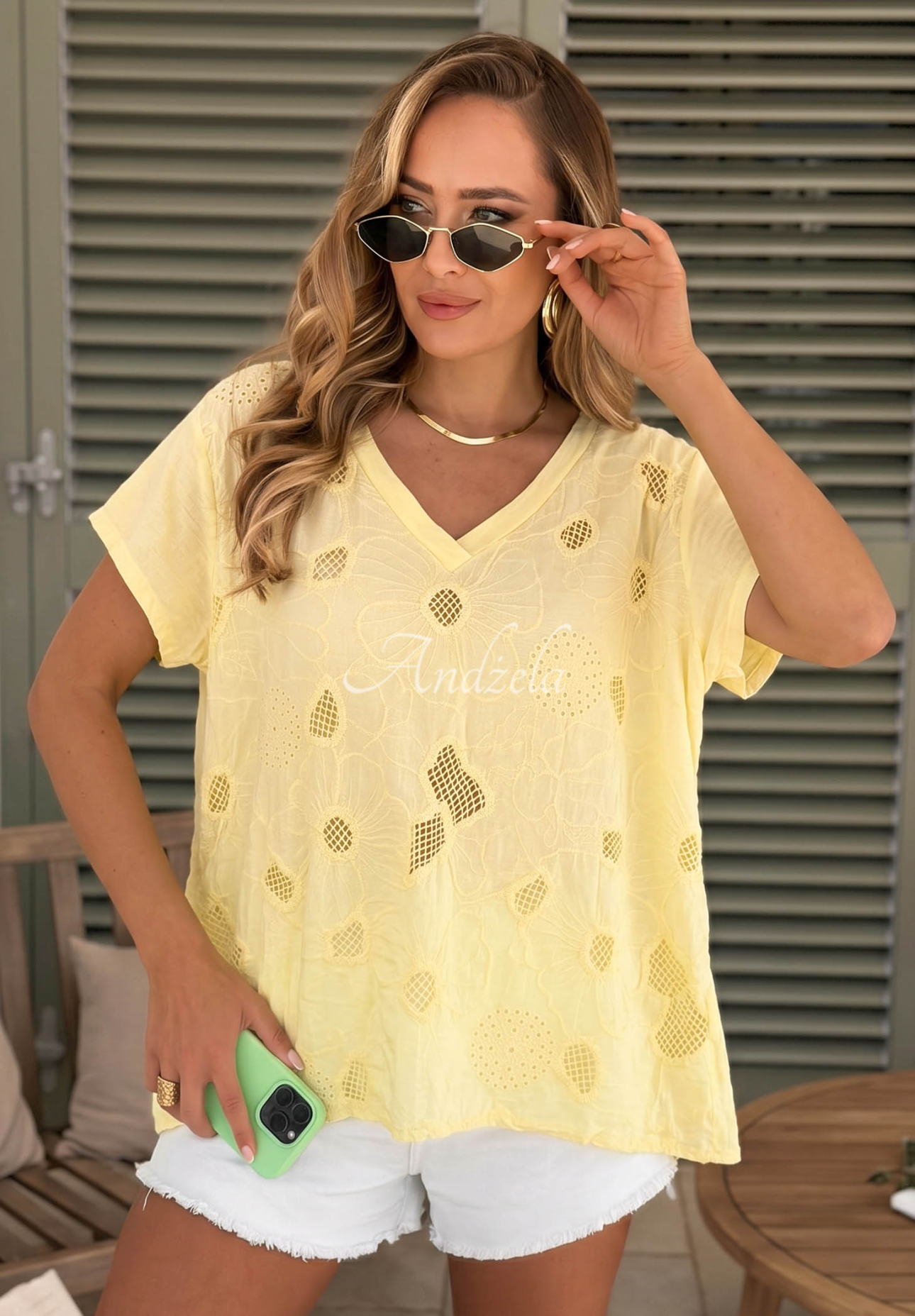 Tricou din bumbac ajurat cu decolteu în V Sol Riviera