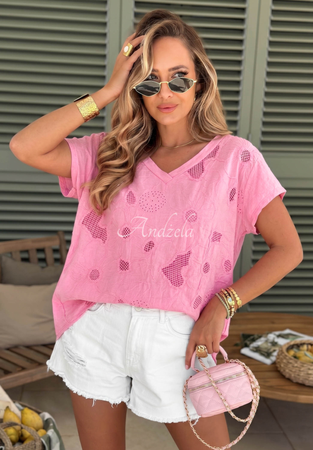 Tricou din bumbac ajurat cu decolteu &icirc;n V Sol Riviera
