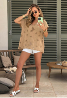 Ażurowy Tricou z dekoltem Sol Riviera mokka