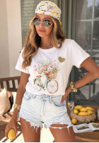 Tricou z nadrukiem Flowery Bike Alb