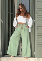 din material textil Pantaloni wide leg z paskiem Summer Aura de culoarea fisticului
