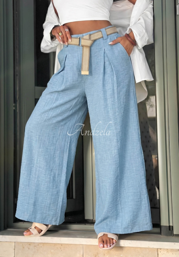 Pantaloni din material tip wide leg cu curea Summer Aura