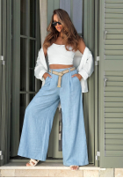 din material textil Pantaloni wide leg z paskiem Summer Aura de culoarea fisticului