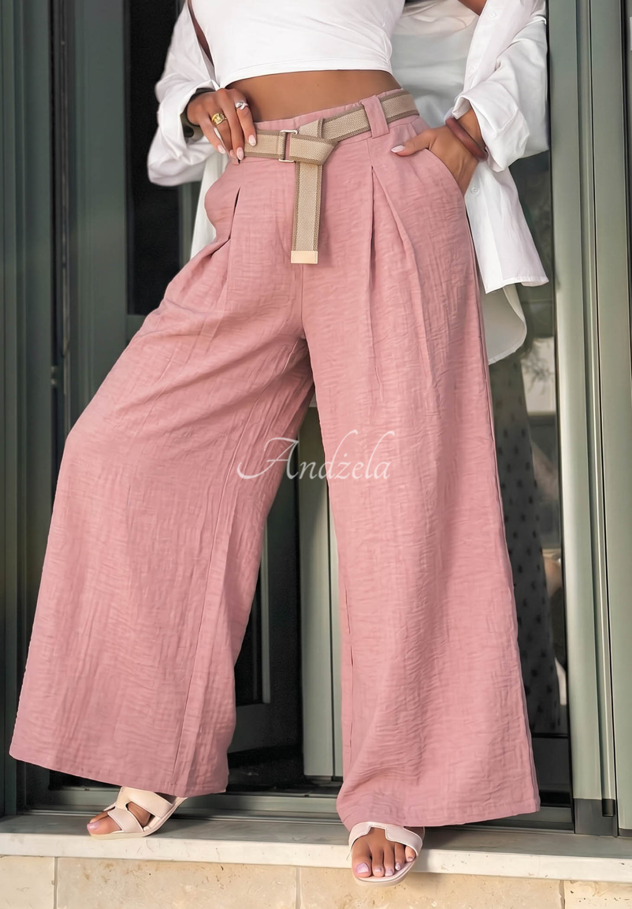 Pantaloni din material tip wide leg cu curea Summer Aura
