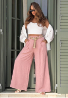 din material textil Pantaloni wide leg z paskiem Summer Aura de culoarea fisticului