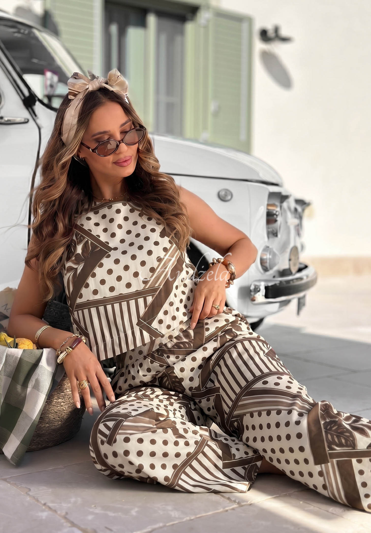 Pantaloni cu imprimeu wide leg cu buline din bumbac Coffee Break