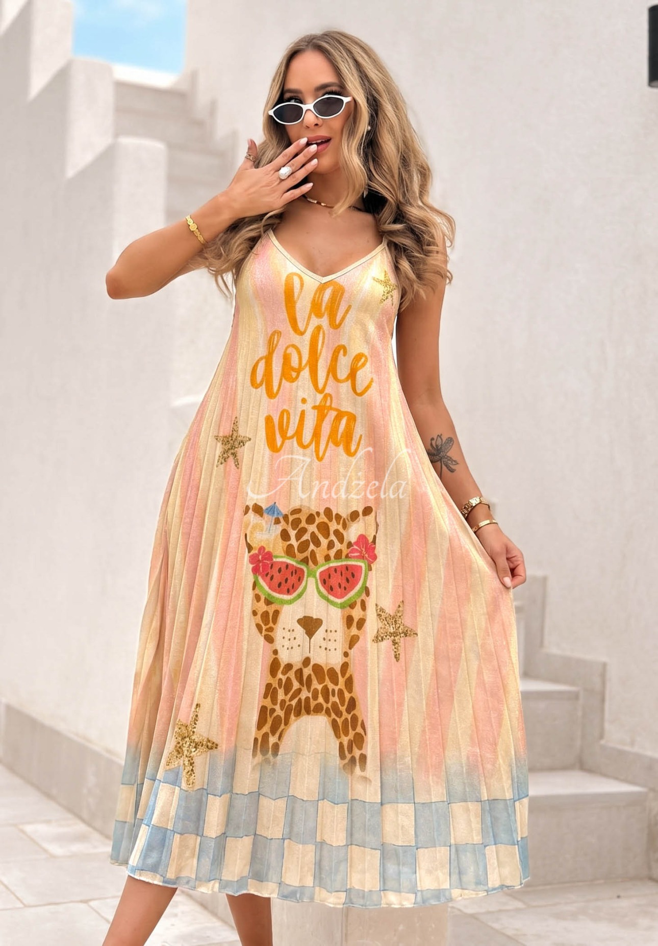 Rochie midi plisată din viscoză cu imprimeu Italian Palms