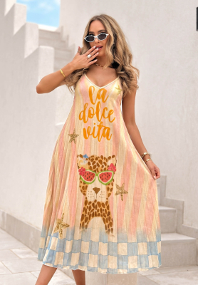 Rochie midi plisată din viscoză cu imprimeu Italian Palms