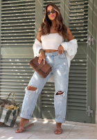 Pantaloni din denim mom fit z przetarciami Just Basic albastru deschis