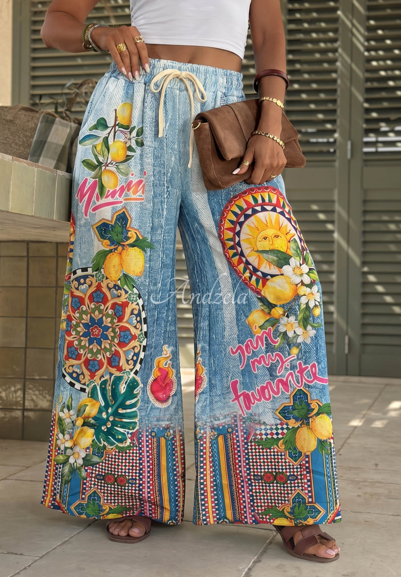 Pantaloni din material tip wide leg cu imprimeu You're My Favourite