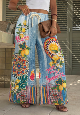 Pantaloni din material tip wide leg cu imprimeu You're My Favourite