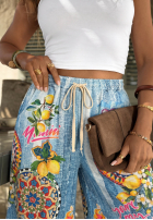 din material textil Pantaloni wide leg cu modele You're My Favourite albastre