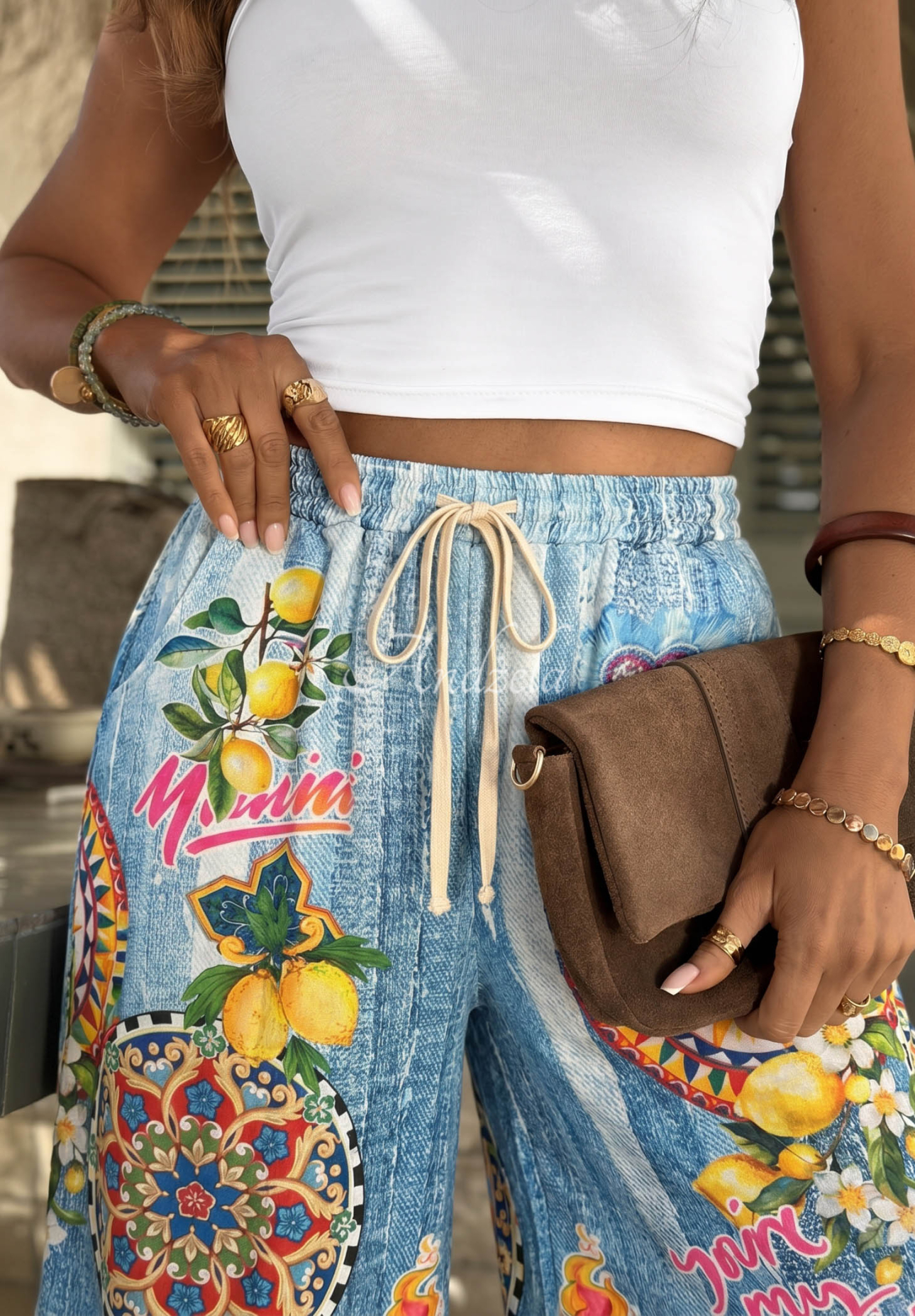 Pantaloni din material tip wide leg cu imprimeu You're My Favourite