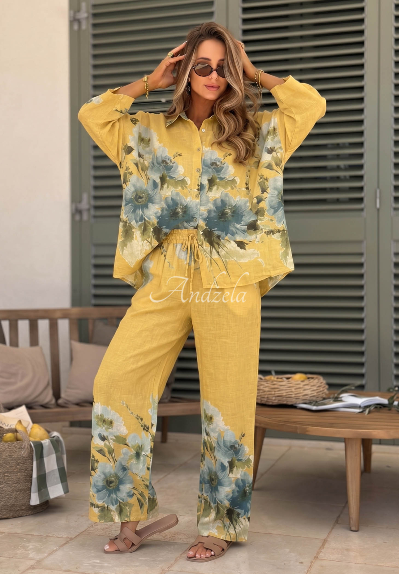 Set cu imprimeu floral cămașă și pantaloni Sun Flowers