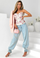 Gorsetowy Top  w kwiaty z koronką Flora Diva Alb