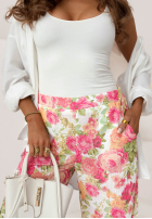 Lniane Pantaloni wide leg w kwiaty Warm Touch różowo-verde