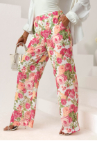Lniane Pantaloni wide leg w kwiaty Warm Touch różowo-verde