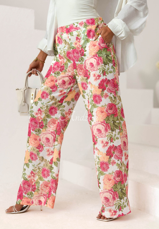 Pantaloni din in tip wide leg cu imprimeu floral Warm Touch