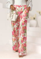 Lniane Pantaloni wide leg w kwiaty Warm Touch różowo-verde