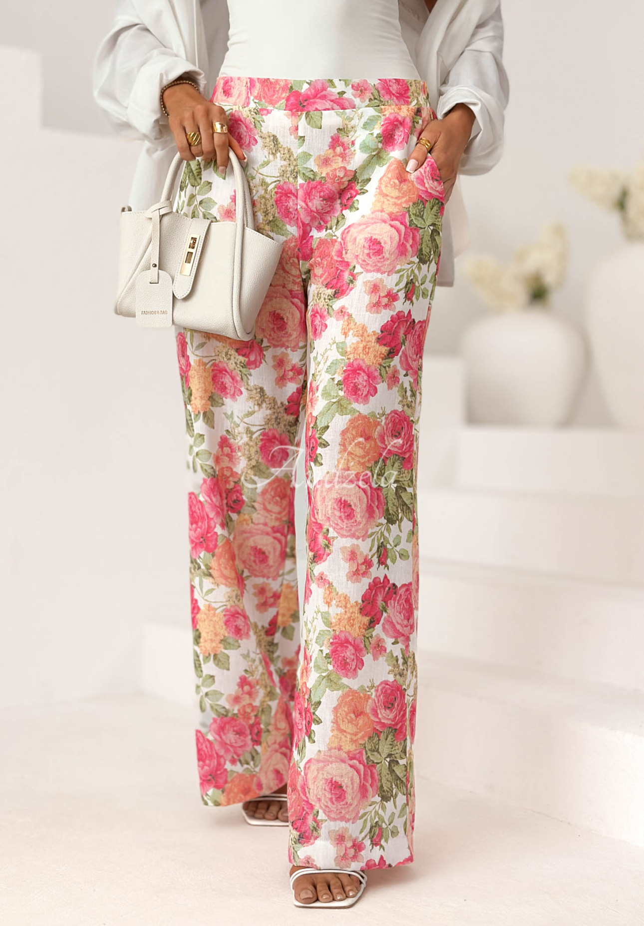 Pantaloni din in tip wide leg cu imprimeu floral Warm Touch