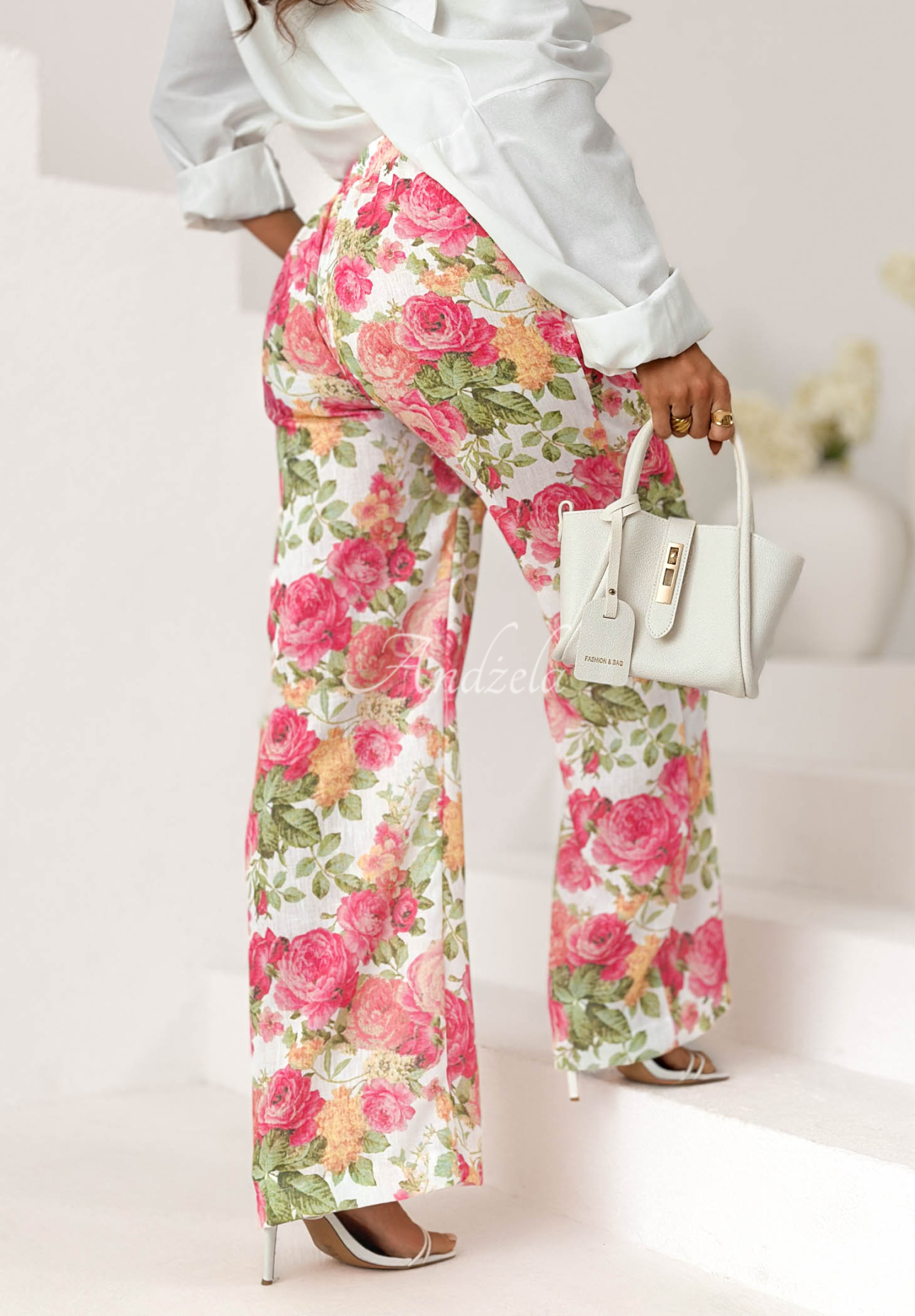 Pantaloni din in tip wide leg cu imprimeu floral Warm Touch