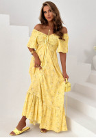 Kwiecista Rochie maxi z bufkami i falbankami Mirabilis roz pudră