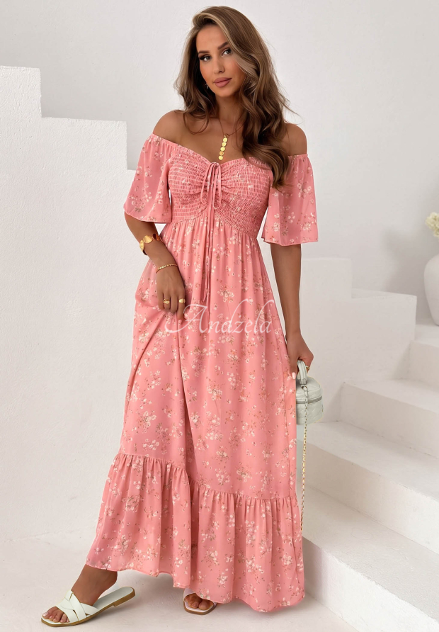 Rochie din viscoză cu imprimeu floral, legare și volănaș Summer Garden