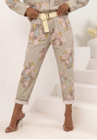 Kwieciste Pantaloni mom fit z paskiem Olive bej