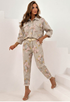 Kwieciste Pantaloni mom fit z paskiem Olive bej