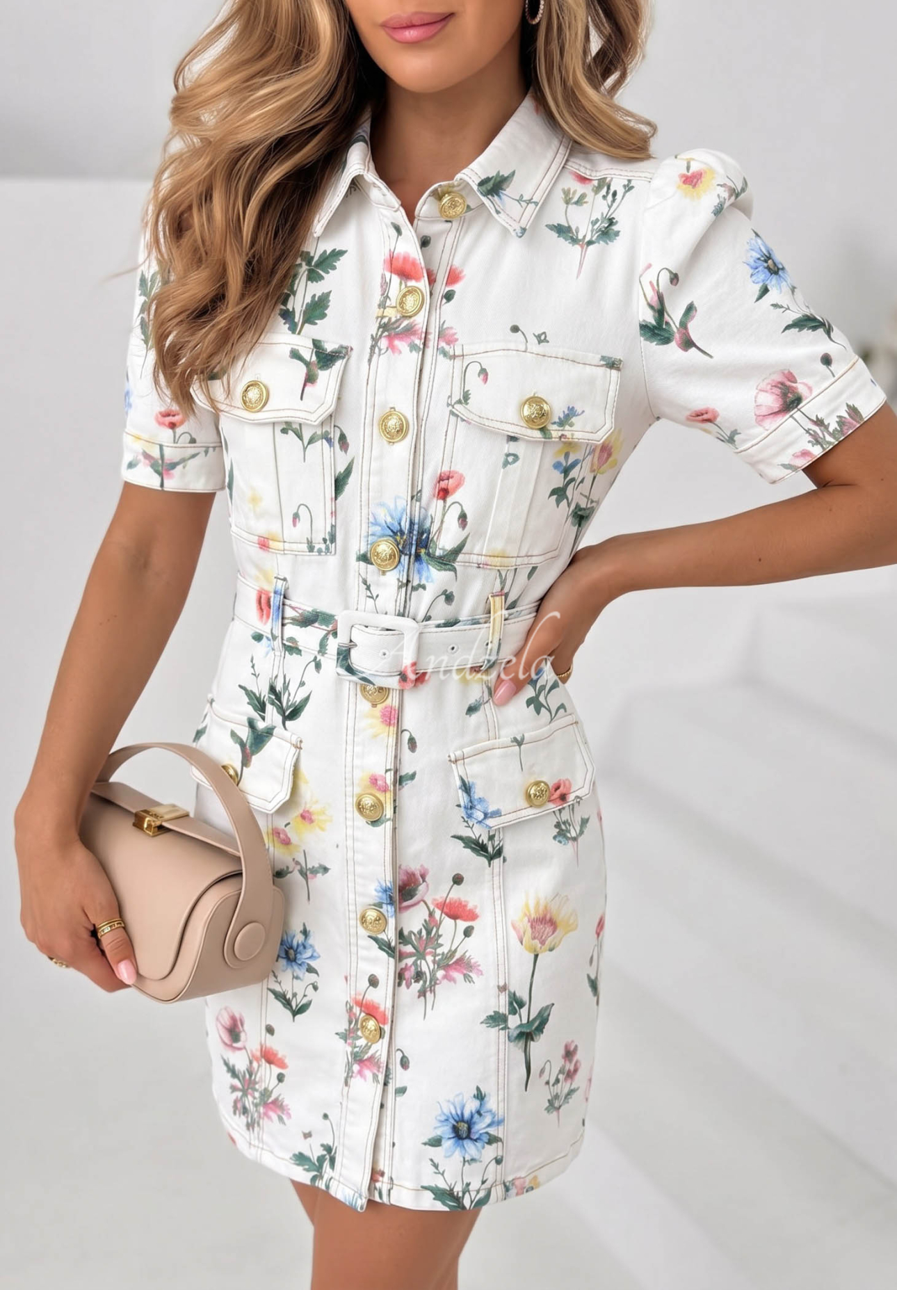 Rochie mini din denim cu imprimeu floral și curea Flora Choice