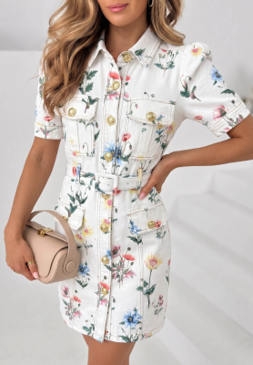 Rochie mini din denim cu imprimeu floral și curea Flora Choice