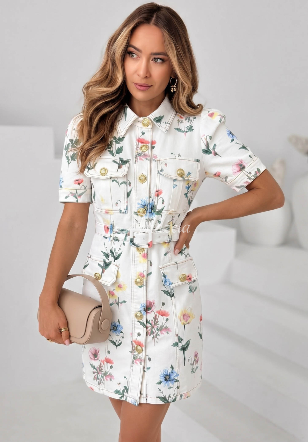Rochie mini din denim cu imprimeu floral și curea Flora Choice
