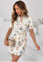 din denim Rochie mini w kwiaty z paskiem Flora Choice albă
