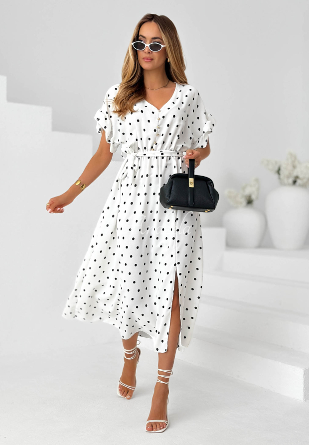 Rochie midi cu buline, curea și viscoză Take A Chance