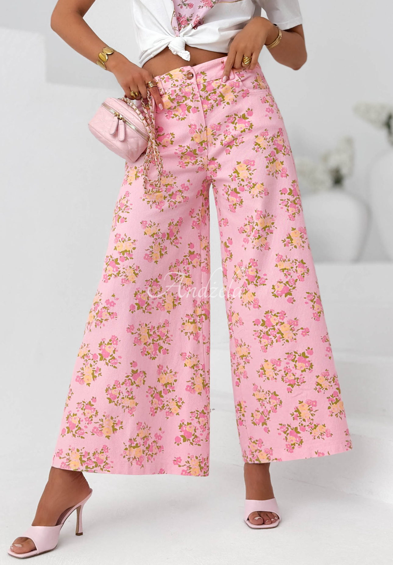 Blugi tip wide leg cu imprimeu floral Flower Vibes