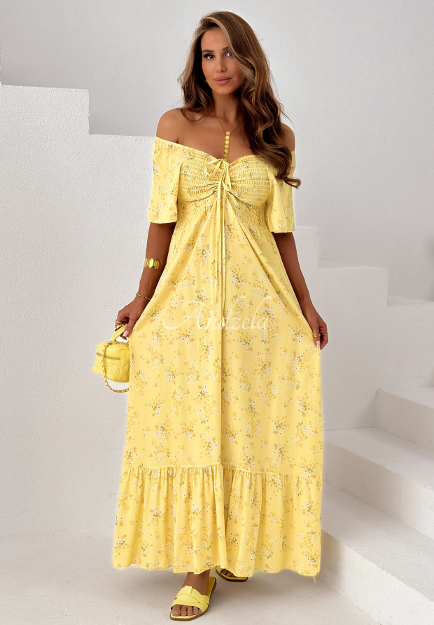 Rochie din viscoză cu imprimeu floral, legare și volănaș Summer Garden