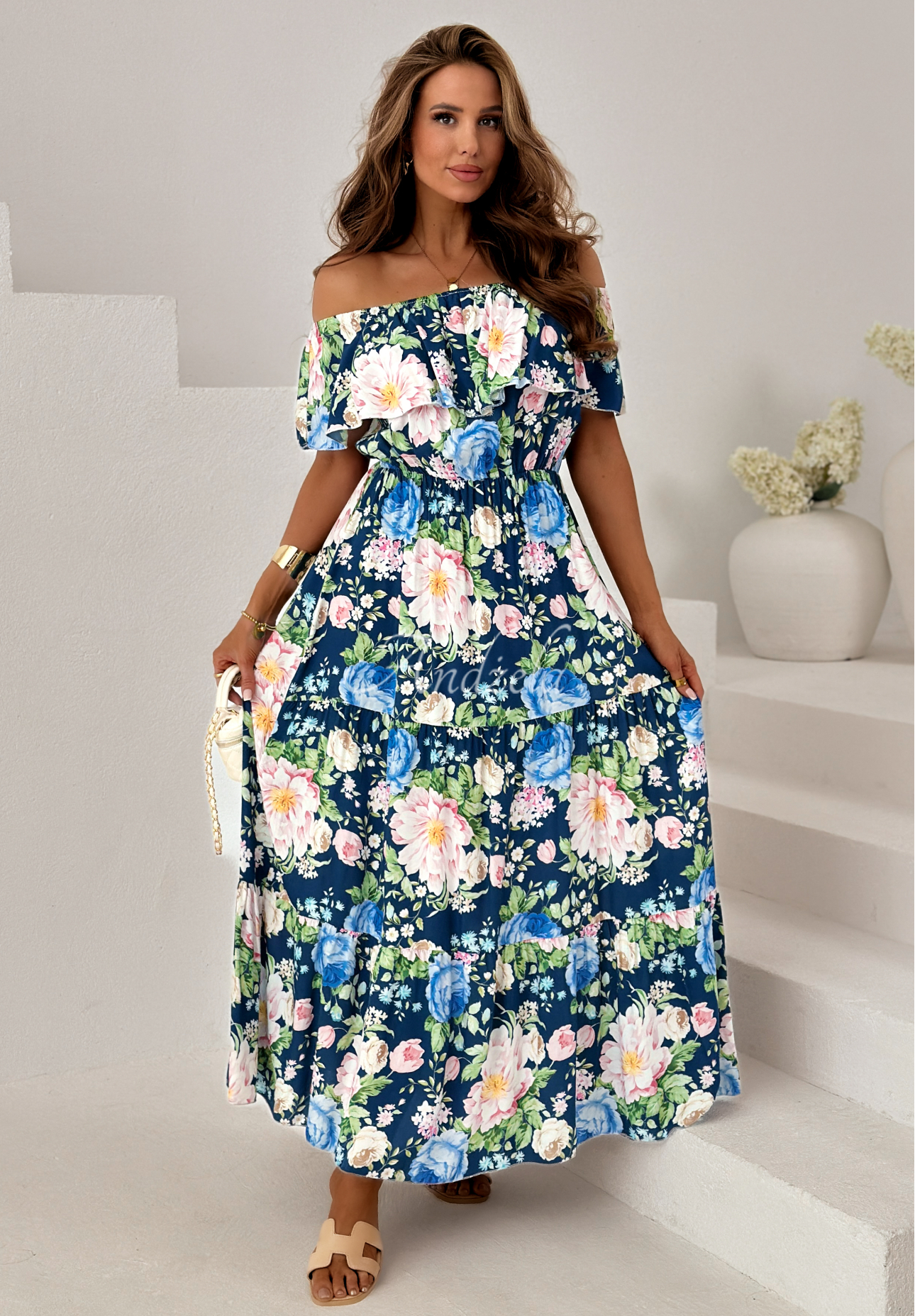Rochie din viscoză cu imprimeu floral și volănașe Riviera Bloom