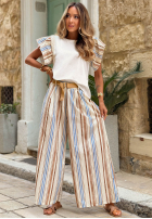 din material textil Pantaloni wide leg w paski Azurelle biało-albastru azuriu