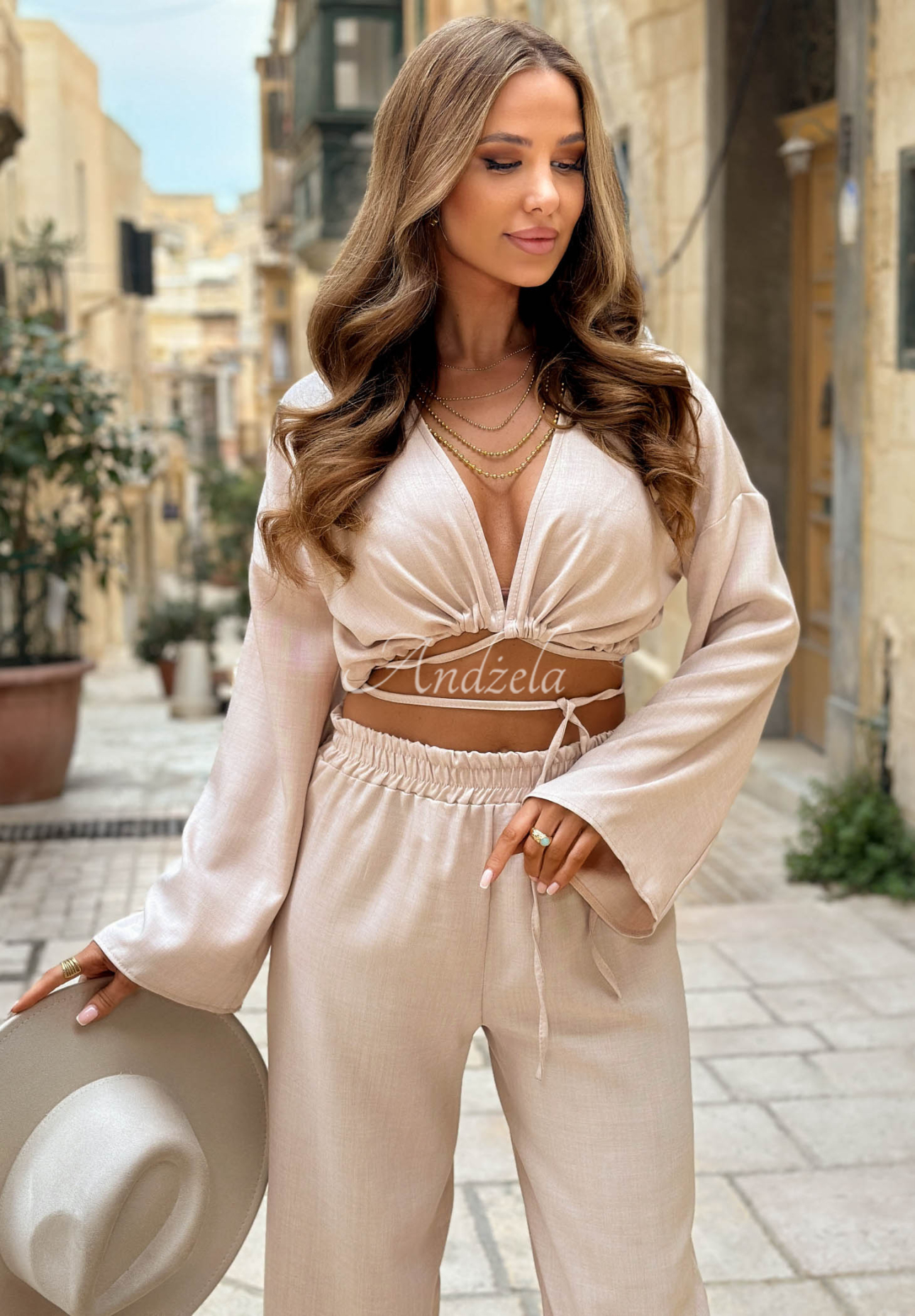 Set Top  legat și pantaloni wide leg Never Told