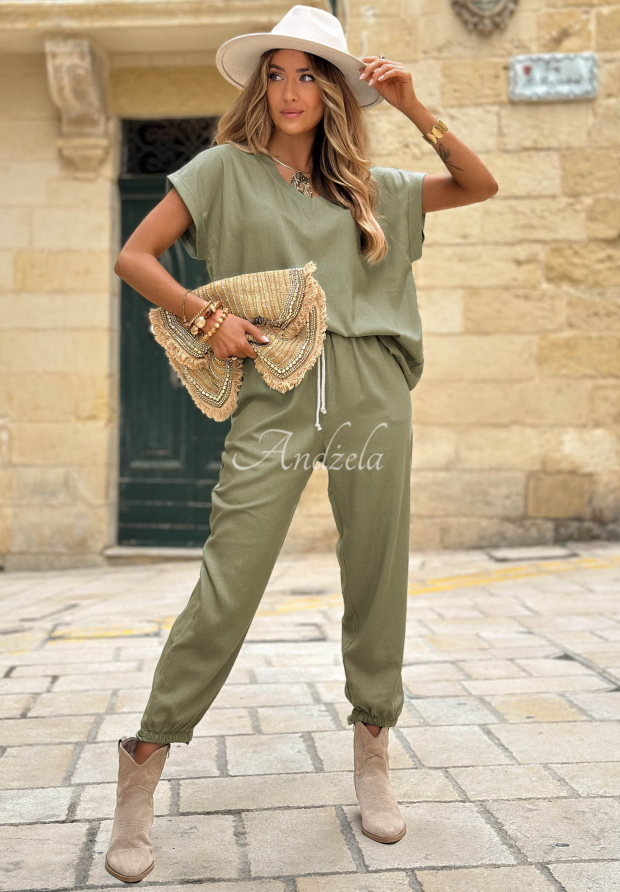 Set din in cu bluză cu decolteu și pantaloni City Safari
