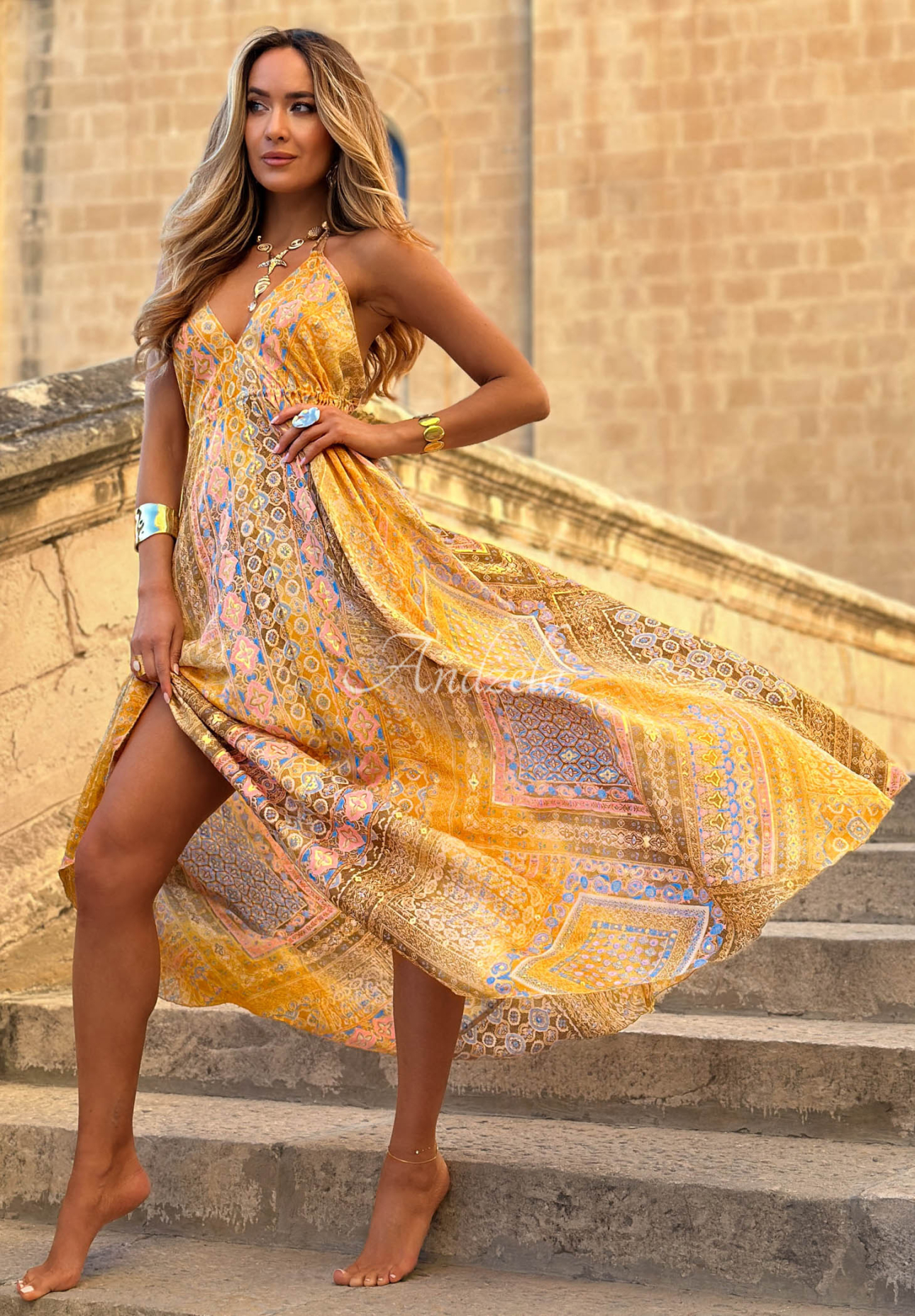 Rochie maxi cu imprimeu și bretele legate Sun Rituals